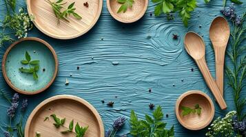 AI generated eco-friendly disposable tableware made of wood on a wooden background. the concept of recycling photo