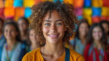 ai generado retrato de un alegre pelo rizado niña en contra el antecedentes de amigos foto