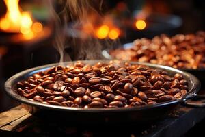 AI generated Roasted coffee beans close-up in dishes . Colombian coffee photo