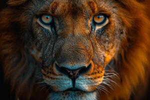 AI generated Portrait of a lion's muzzle in close-up. The Lion's head photo