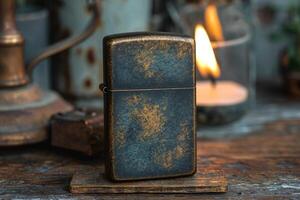 AI generated A vintage gasoline lighter for cigars stands on a stand on the table photo