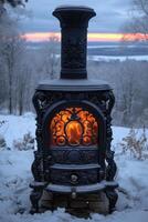 AI generated cast-iron stove in a rustic house with a fire lit inside to heat the house photo