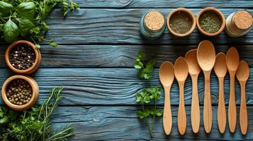 AI generated eco-friendly disposable tableware made of wood on a wooden background. the concept of recycling photo