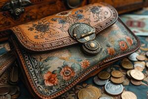 AI generated Antique luxury bag and scattered cash coins photo