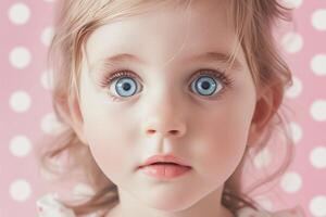 ai generado retrato de un pequeño niña en un rosado antecedentes con blanco círculos foto