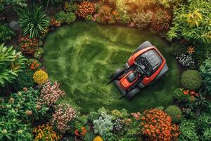 ai generado un gasolina césped cortacésped soportes en el césped cerca el casa a puesta de sol foto