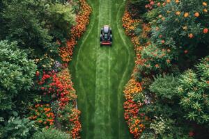 AI generated A robotic lawn mower stands on the lawn near the house at sunset photo