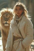 AI generated Beautiful fashionable young woman with a beautiful big lion photo