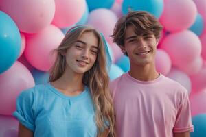 ai generado un joven Pareja en un antecedentes de rosado y azul globos género fiesta foto