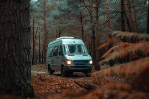 AI generated Camping in the forest of the motorhome . Holidays in a camper van photo