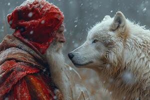 ai generado un mayor hombre en frente de un lobo en naturaleza foto