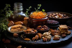 AI generated A wooden bowl with assorted nuts and honey on the table on a black background. Walnuts, pistachios, almonds, hazelnuts and cashews photo