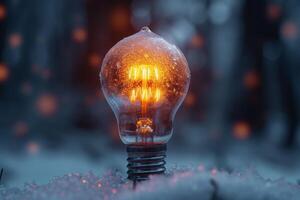 AI generated An ordinary incandescent light bulb stands outside in winter and burns photo