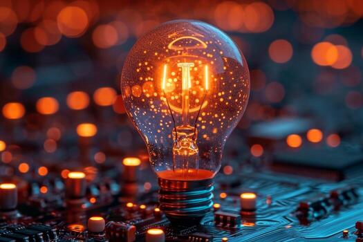 AI generated An ordinary incandescent light bulb stands on a chip and burns at night photo