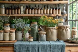 AI generated seeds in glass bottle jars on a wooden shelf photo