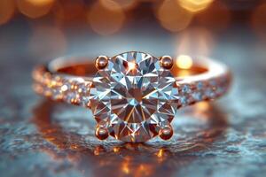 ai generado un oro diamante anillo mentiras en el mesa - el epítome de lujo foto
