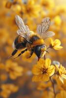 AI generated a bee flying near flowers to collect honey photo