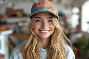 AI generated A teenage girl in a beanie smiles at home in the interior photo
