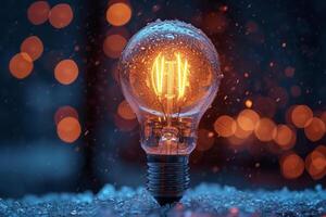 AI generated An ordinary incandescent light bulb stands outside in winter and burns photo