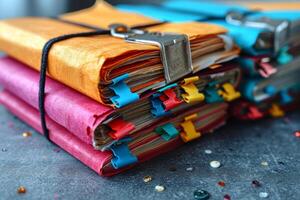 AI generated A stack of sheets of paper on the table, Paper documents stuck on the table. Business concept photo