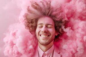 AI generated A cheerful smiling man in pink smoke. The man in pink powder photo