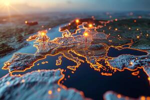 AI generated Macro photography of placemarks over the main capitals of the European continent. A map of Europe in neon light with markers. 3d illustration photo