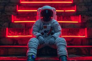 ai generado un astronauta en un blanco traje espacial y casco, sentado en el piso en un rojo neón ligero foto