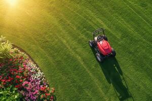 AI generated A gasoline lawn mower stands on the lawn near the house at sunset photo