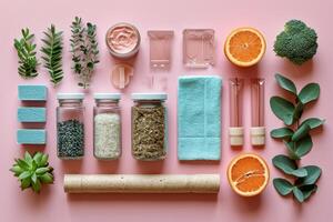 AI generated eco-friendly disposable tableware made of paper and wood on a pink background. the concept of recycling photo