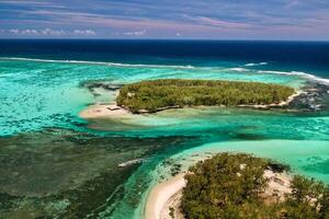 View from the height of the east coast of the island of Mauritius in the Indian Ocean. Beautiful lagoon of the island of Mauritius, photo