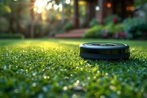 AI generated A robot vacuum cleaner is working in the courtyard on the lawn at sunset photo