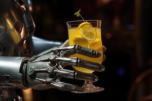 AI generated Close-up of a robot hand holding a glass of orange juice. A robot with artificial intelligence technology photo