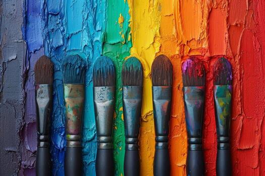 ai generado artístico cepillos manchado en pintar en un antecedentes cubierto con multicolor petróleo pinturas foto