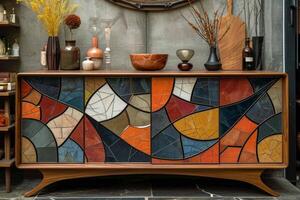 AI generated stylish sideboard decorated in a colorful style in the interior photo