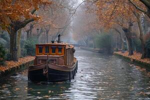 AI generated An old boat in the city canal on the water photo