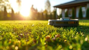 AI generated A robot vacuum cleaner is working in the courtyard on the lawn at sunset photo