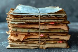 AI generated A stack of sheets of paper on the table, Paper documents stuck on the table. Business concept photo