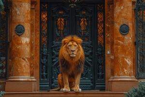 AI generated A big lion is sitting guarding the front door of the house photo