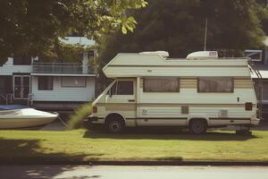 ai generado cámping en el bosque de el casa rodante . Días festivos en un camper camioneta foto