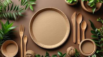 AI generated eco-friendly disposable tableware made of paper and wood on the background. the concept of recycling photo