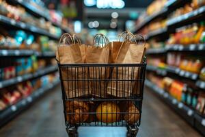 AI generated Craft shopping bags in a cart on the background of the store photo