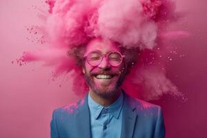 AI generated A cheerful smiling man in a formal suit in pink smoke. The man in pink powder photo