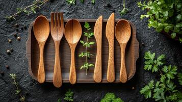 AI generated eco-friendly disposable tableware made of wood on a wooden background. the concept of recycling photo