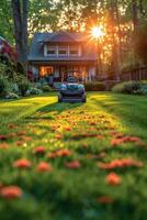 AI generated A robotic lawn mower stands on the lawn near the house at sunset photo