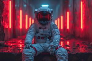 ai generado un astronauta en un blanco traje espacial y casco, sentado en el piso en un rojo neón ligero foto