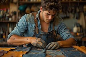 ai generado un masculino zapatero trabajando con cuero tela en su taller foto