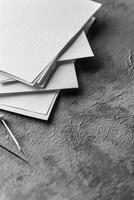 AI generated A stack of sheets of paper on the table, Paper documents stuck on the table. Business concept photo