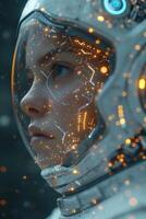 AI generated A girl in a space suit . The concept of artificial intelligence. Digital transformation photo