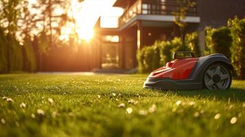 AI generated A robotic lawn mower stands on the lawn near the house at sunset photo