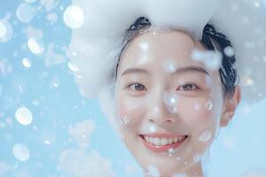 AI generated Asian girl's face in soap suds and bubbles on blue photo